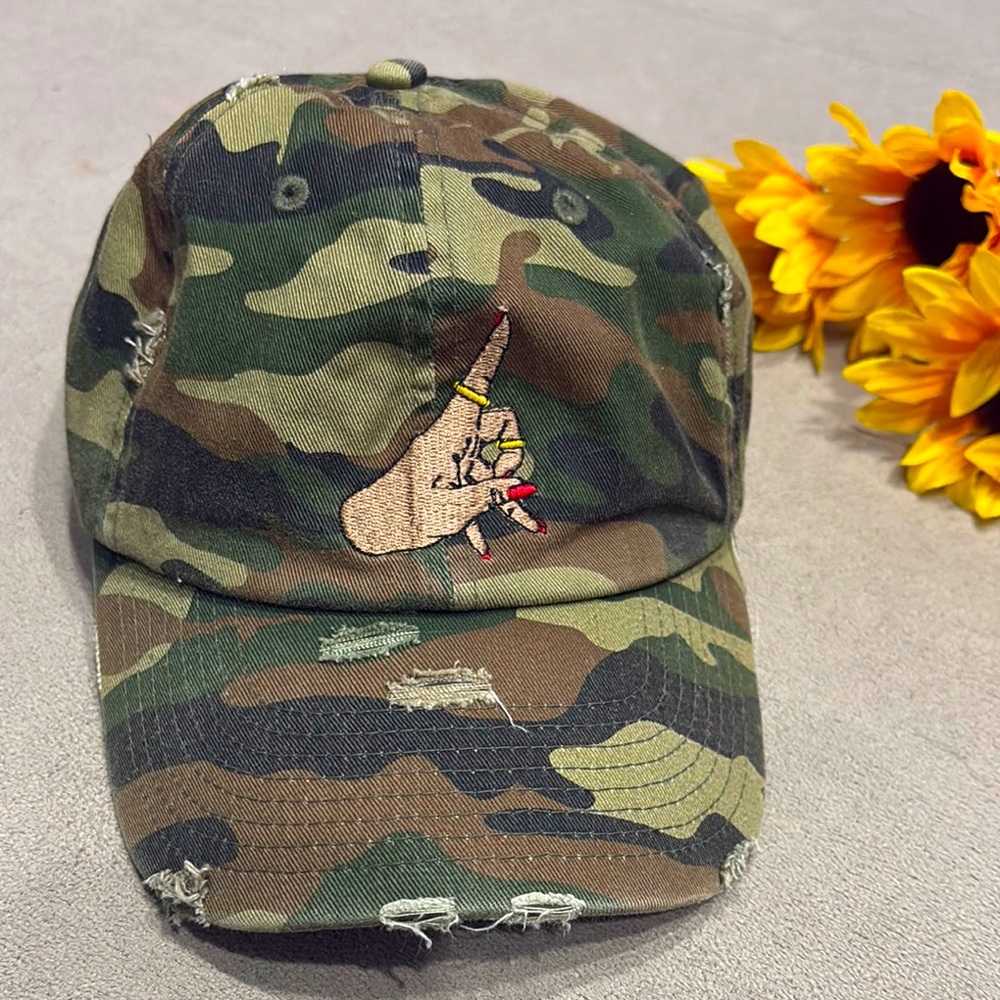 Kbethos Vintage Camo Distressed Baseball Cap Embroidered Hand Red Nails Design !